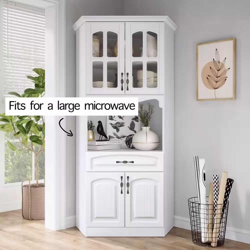 None Galiano 73 in. White Corner Pantry Kitchen Storage Cabinet Buffet with Hutch For Microwave with Drawer