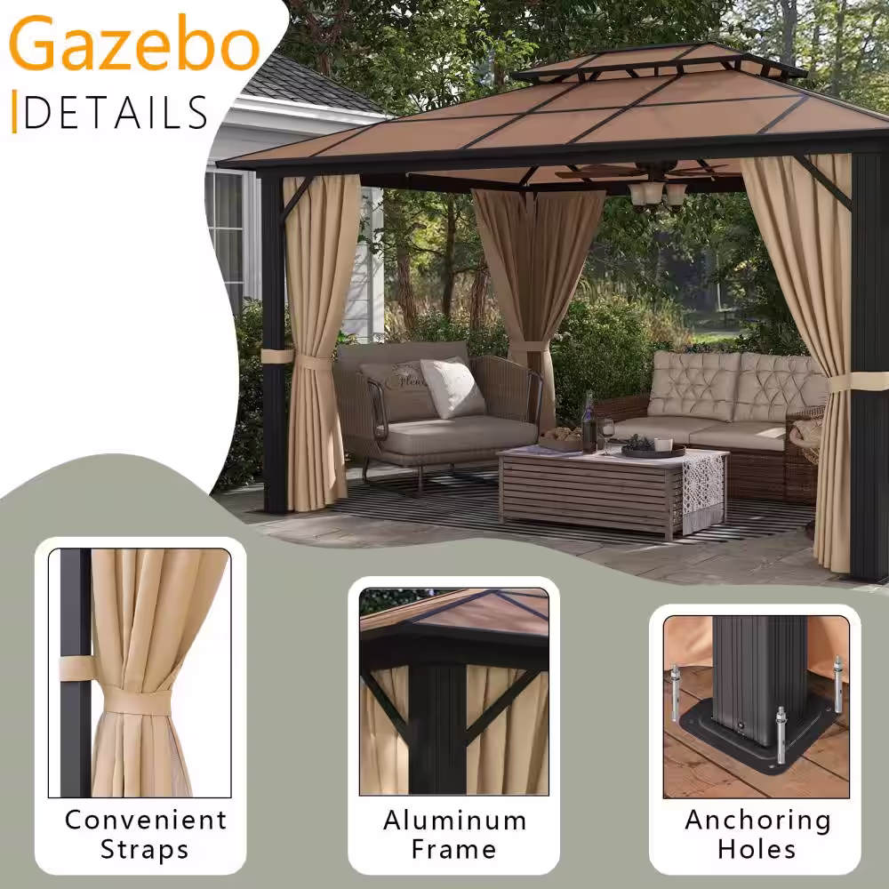 Sizzim 10 ft. x 13 ft. Outdoor Polycarbonate Double Roof UV Block Sun Shade Canopy Gazebo with Curtains and Netting for Patio