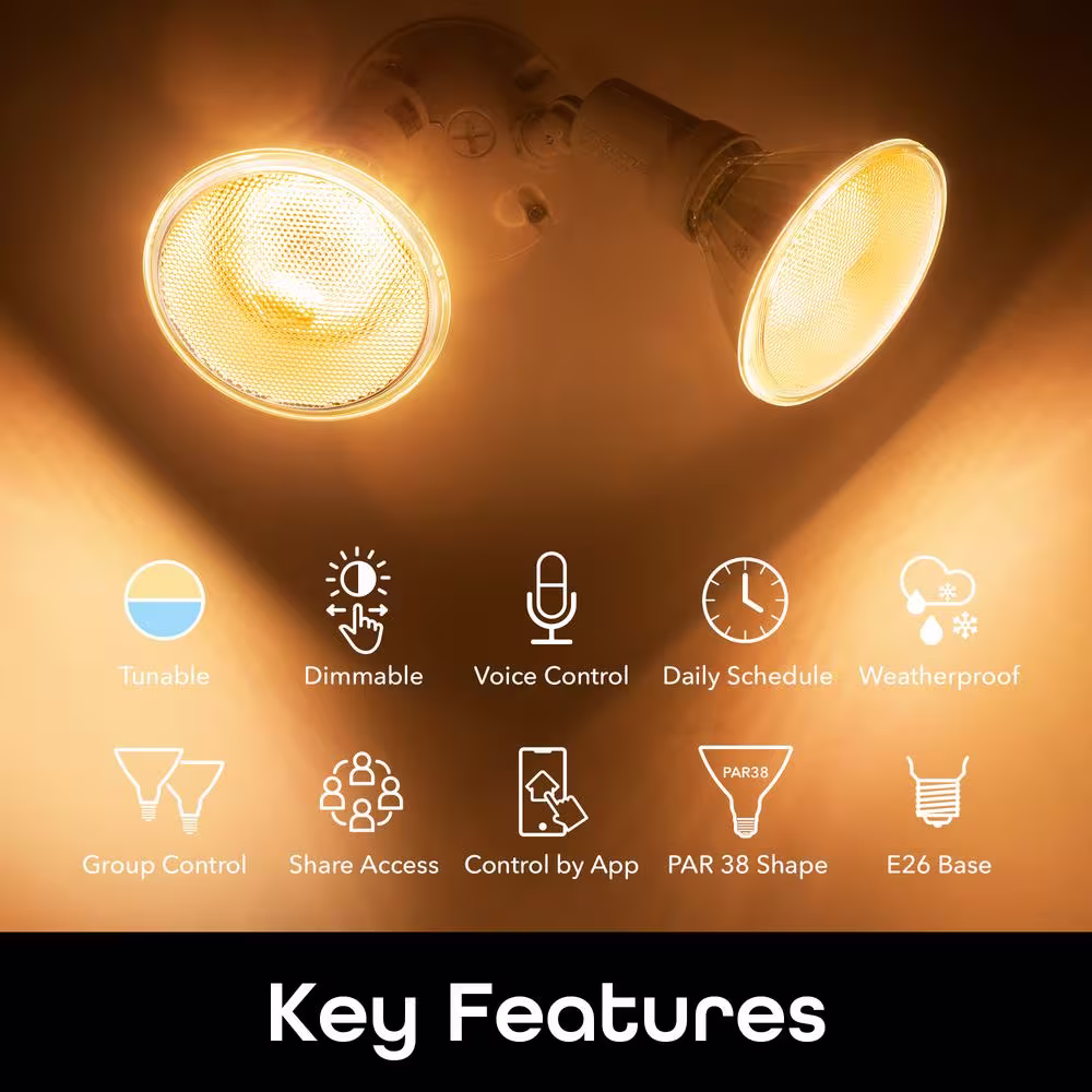 Geeni 75-Watt Equivalent PAR38 Dimmable E26 Base Smart Wi-Fi Flood Outdoor LED Light Bulb Tunable 2700K-6500K (2-Pack)