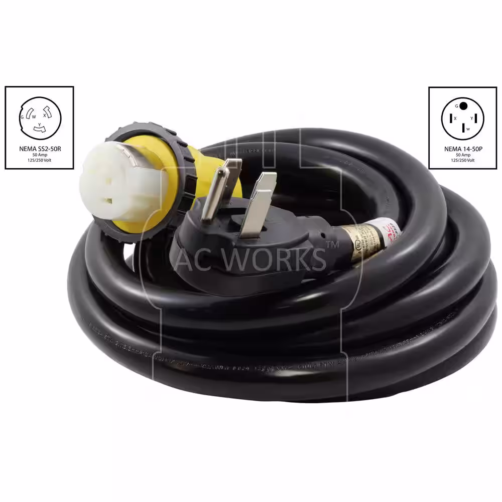 AC WORKS 15 ft. 6/3+8/1 Gauge 4-Prong Outdoor 50A Detachable Power Supply Cord in Black with Power Indicator