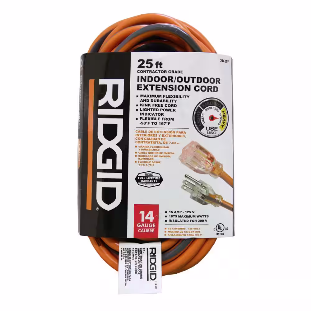 RIDGID 25 ft. 14/3 Heavy-Duty Contractor-Grade Indoor/Outdoor Extension Cord in Orange and Gray (3-Pack)