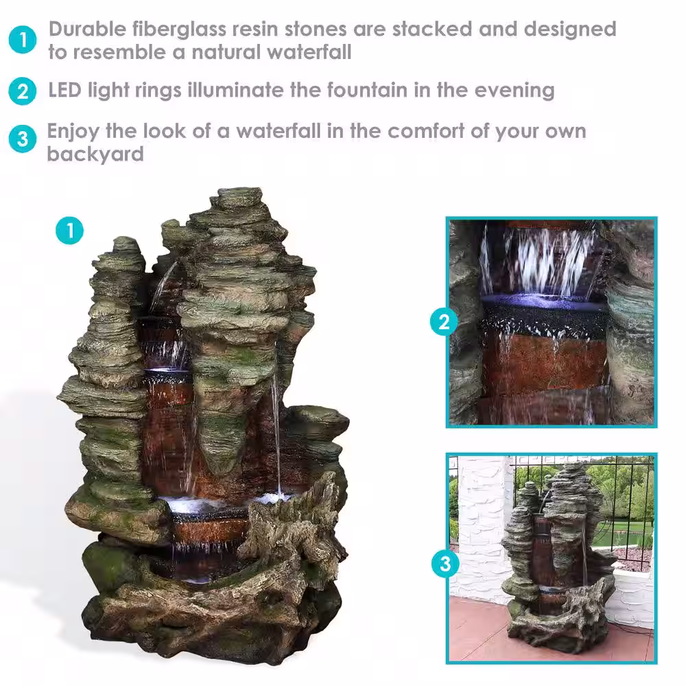Sunnydaze Decor 61 in. Flat Rock Summit Outdoor Cascade Fountain with LED Lights