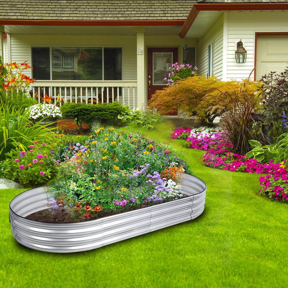 None 7 ft. x 3 ft. x 1 ft. Outdoor Oval Large Metal Galvanized Raised Garden Beds in Silver