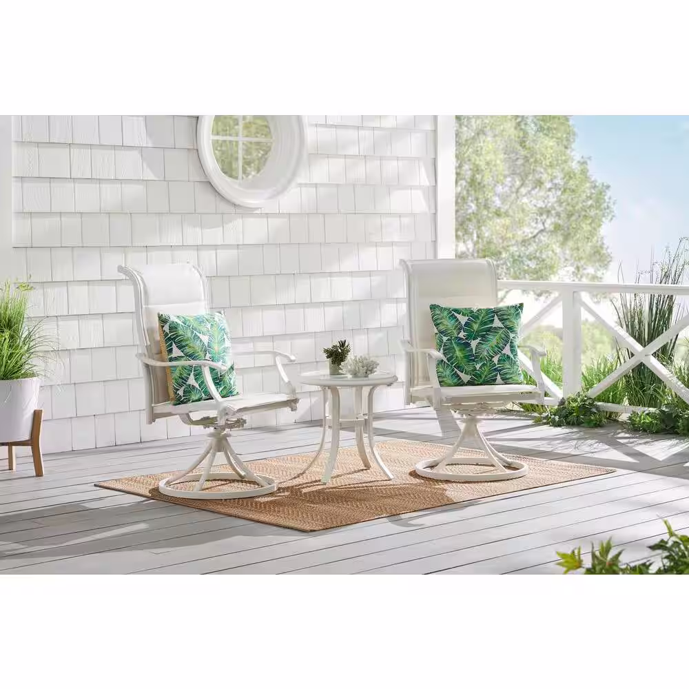 Hampton Bay Riverbrook Shell White 3-Piece Outdoor Patio Aluminum Round Padded Sling Swivel Seating Set
