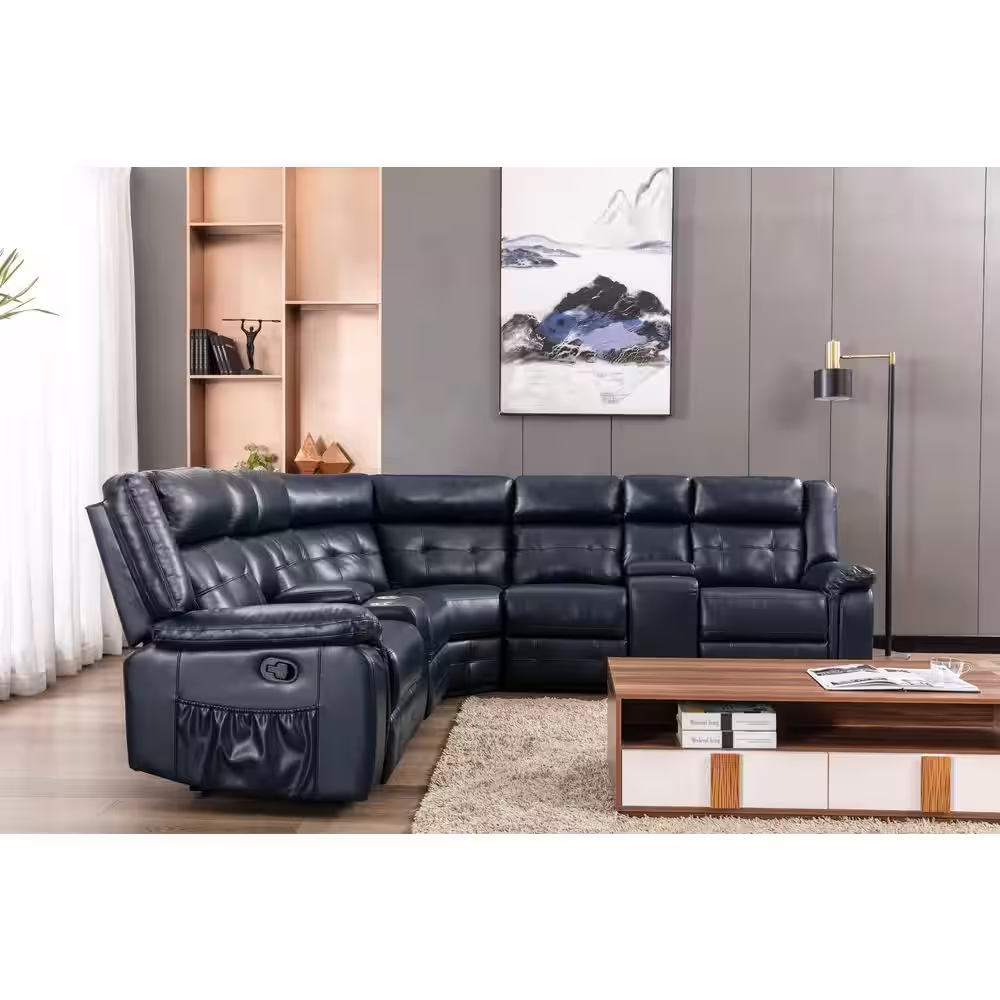 None NHI 110 in. W Pillow Top Arm Vegan Leather 3-Piece L-Shaped Sectional Sofa in Dark Blue