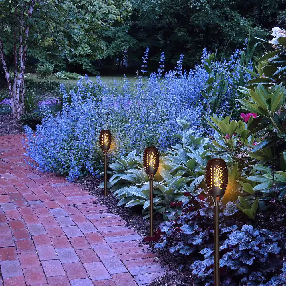 Alpine Corporation 20 in. Tall Outdoor Solar Powered Black LED Path Light Torch Light Stakes (Set of 6)