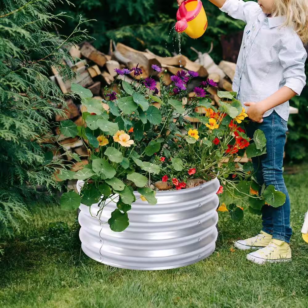 None 24 in. Round Galvanized Steel Raised Garden Bed