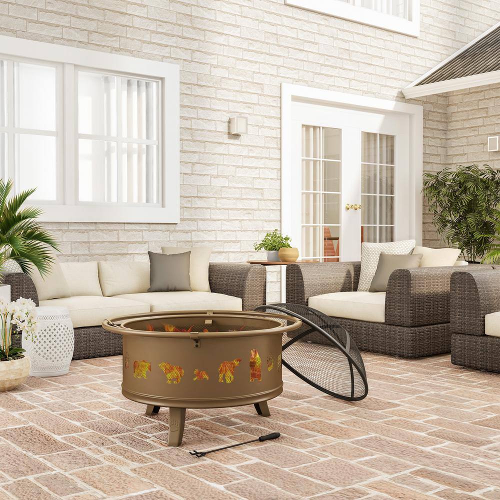 Pure Garden 32 in. W x 25 in. H Round Steel Wood Burning Outdoor Deep Fire Pit in Antique Gold with Bear Cutouts