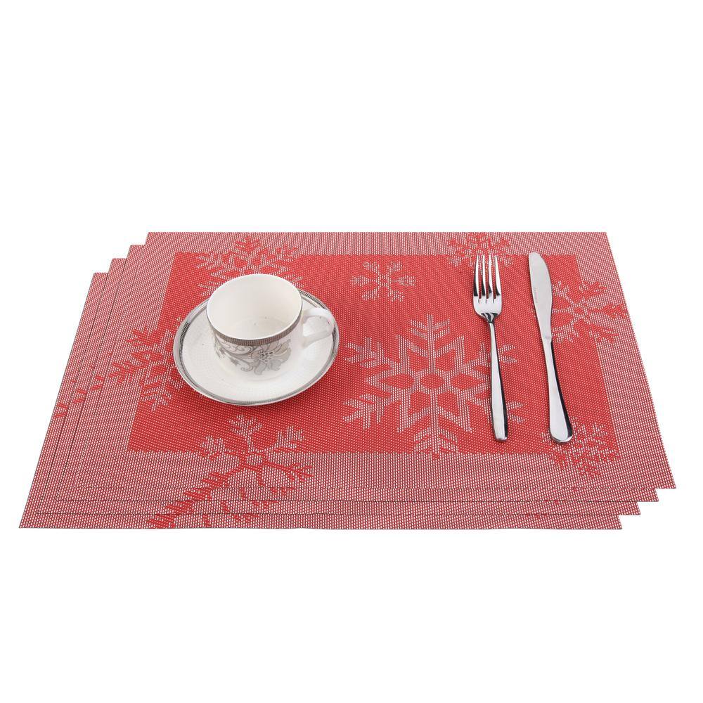 J&V TEXTILES Red Snowflakes Jacquard 12 in. x 18 in. PVC Fiber Woven Non-Slip Washable Placemat (Set of 4)