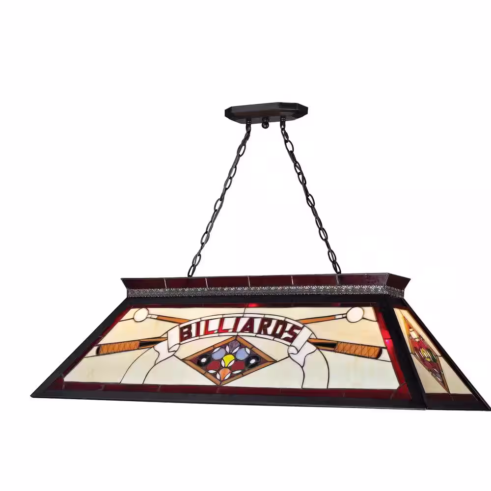 None Tiffany Billiard 4-Light Matte Black Billiard Light with Red Tiffany Shade with No Bulbs Included