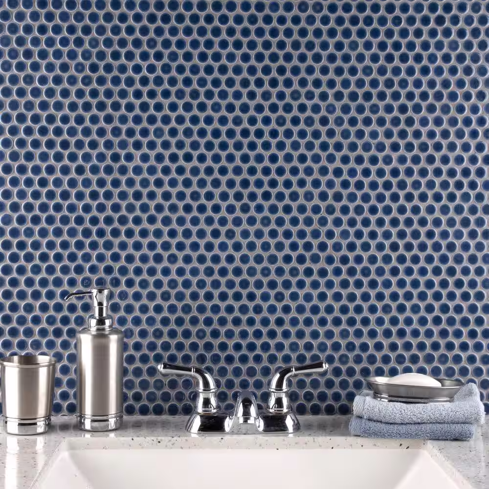 Merola Tile Hudson Penny Round Denim Blue 12 in. x 12-5/8 in. Porcelain Mosaic Tile (10.7 sq. ft./Case)