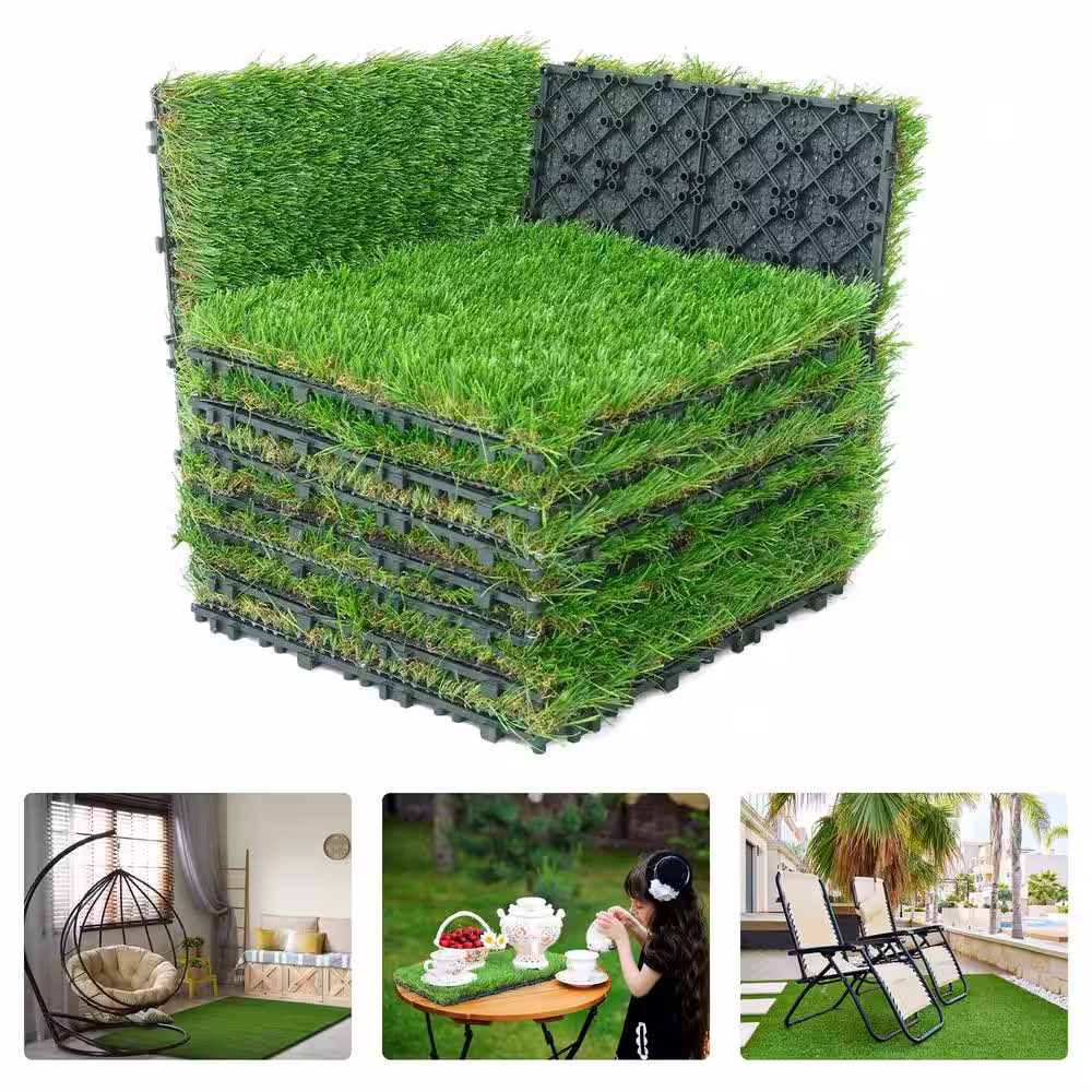 None Green 12 in. x 12 in. Artificial Grass Interlocking Tiles, Interlocking Fake Faux Grass Pet Turf (9 Pack)