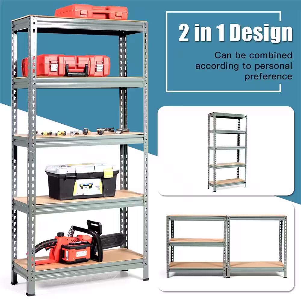 Costway Gray 5-Tier Metal Storage Shelves 60 in. Garage Rack with Adjustable Shelves
