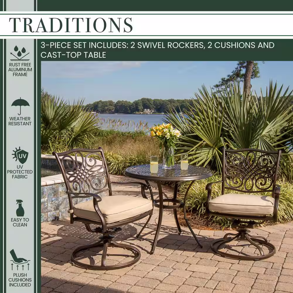 Hanover Traditions 3-Piece Patio Bistro Set with 2-Cast Aluminum Swivel Rockers with Beige Cushions and 32 in. Round Table