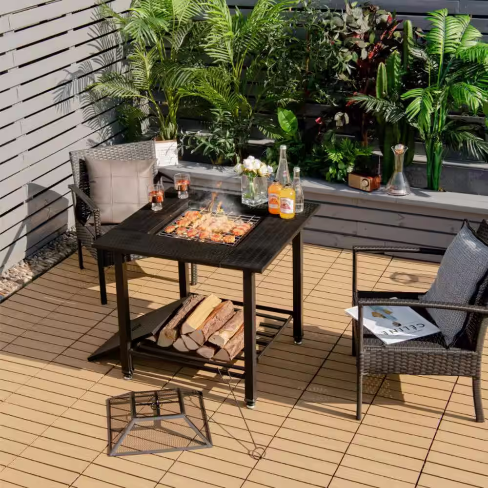 Clihome 31 in. Black Outdoor Fire Pit Dining Table with Cooking BBQ Grate