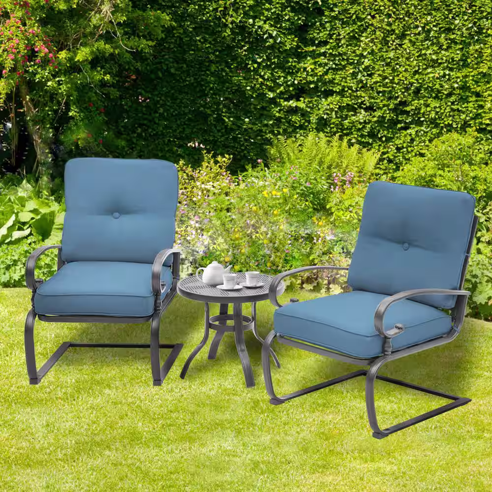 None 3-Piece Spring Metal Outdoor Bistro Set with Blue Cushions