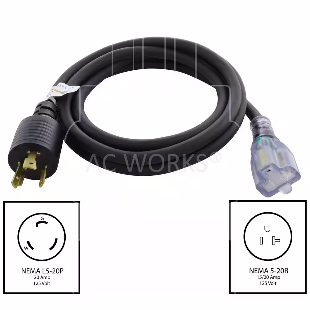 AC WORKS 8 ft. 12/3 SJTW 20 Amp NEMA L5-20P Locking Plug to Lighted Household 15/20 Amp T-Blade Connector Extension Cord