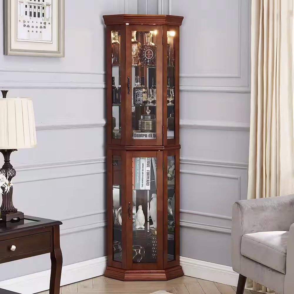 None Cherry 5-Tier Lit Corner Curio Cabinet with Adjustable Tempered Glass Shelves and Mirrored Back