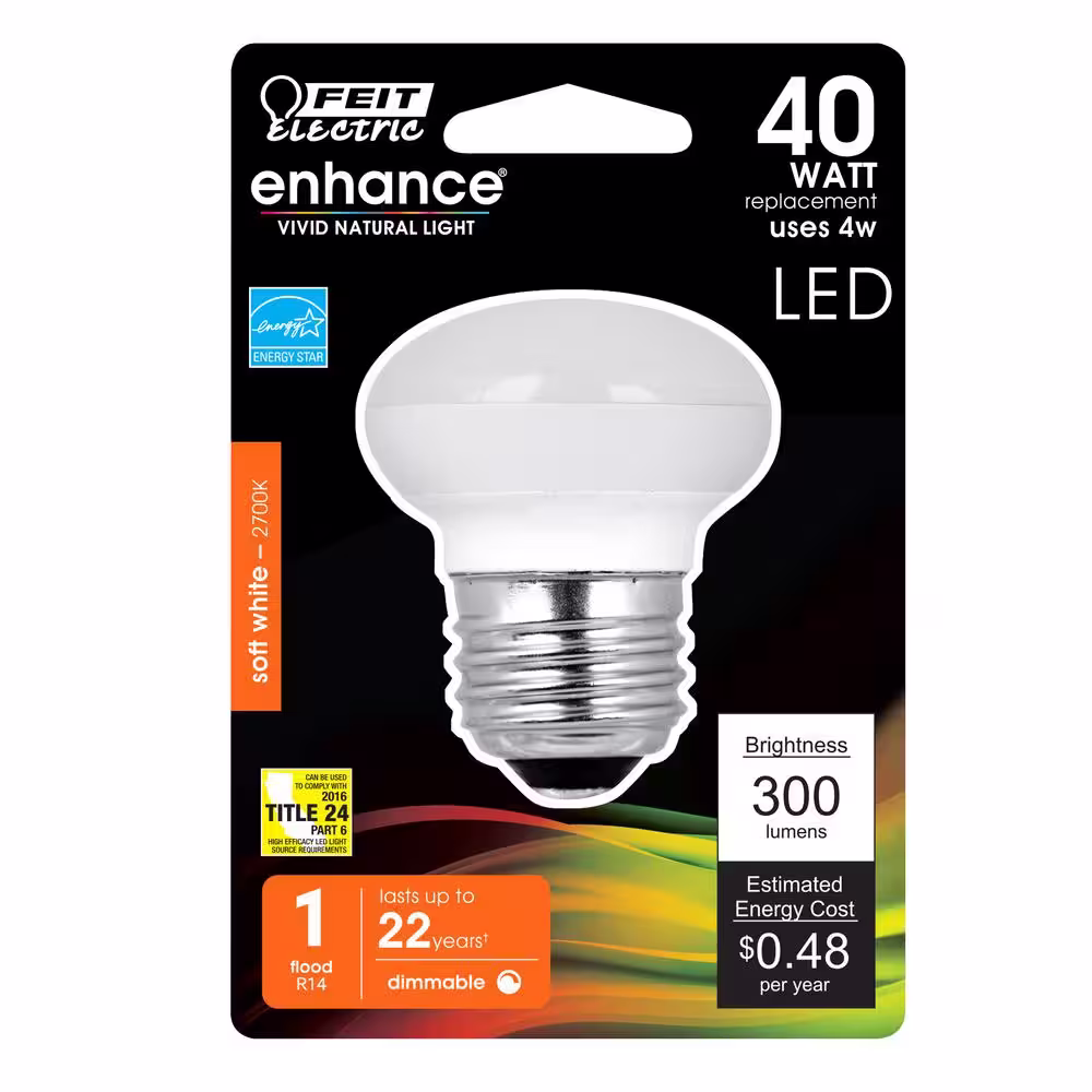 Feit Electric 40-Watt Equivalent R14 Dimmable CEC 90+ CRI Indoor Recessed E26 Medium Base Flood LED Light Bulb, Soft White 2700K