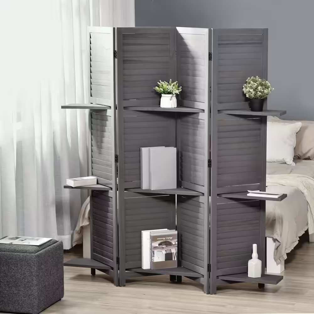 HOMCOM Blinds Style 4-Panel Wood Room Divider, 67'' Tall Folding Privacy Screen Panels with 3 Shelves for Indoor Bedroom Office