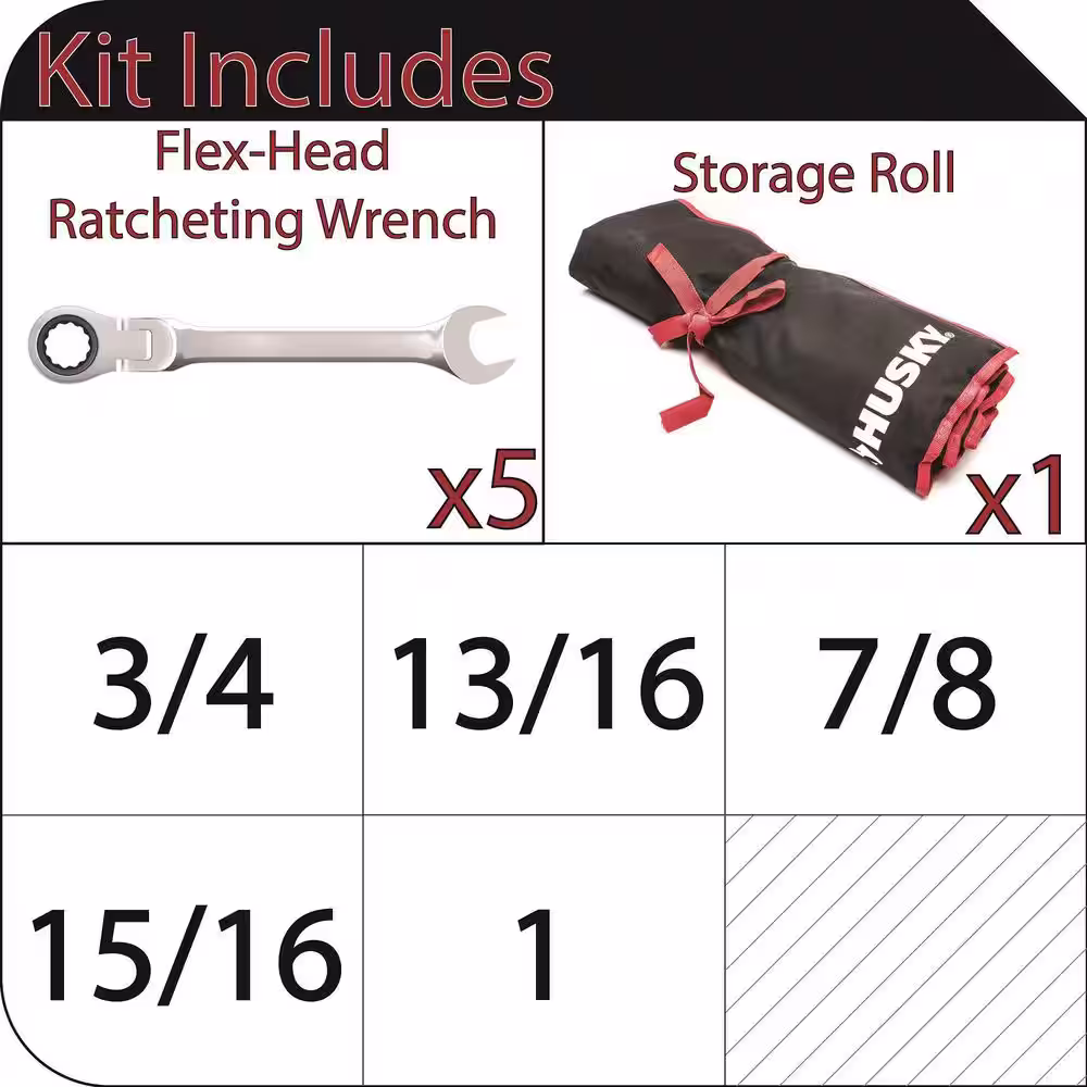 Husky 72-Tooth Large SAE Flex Head Ratcheing Wrench Set (5-Piece)