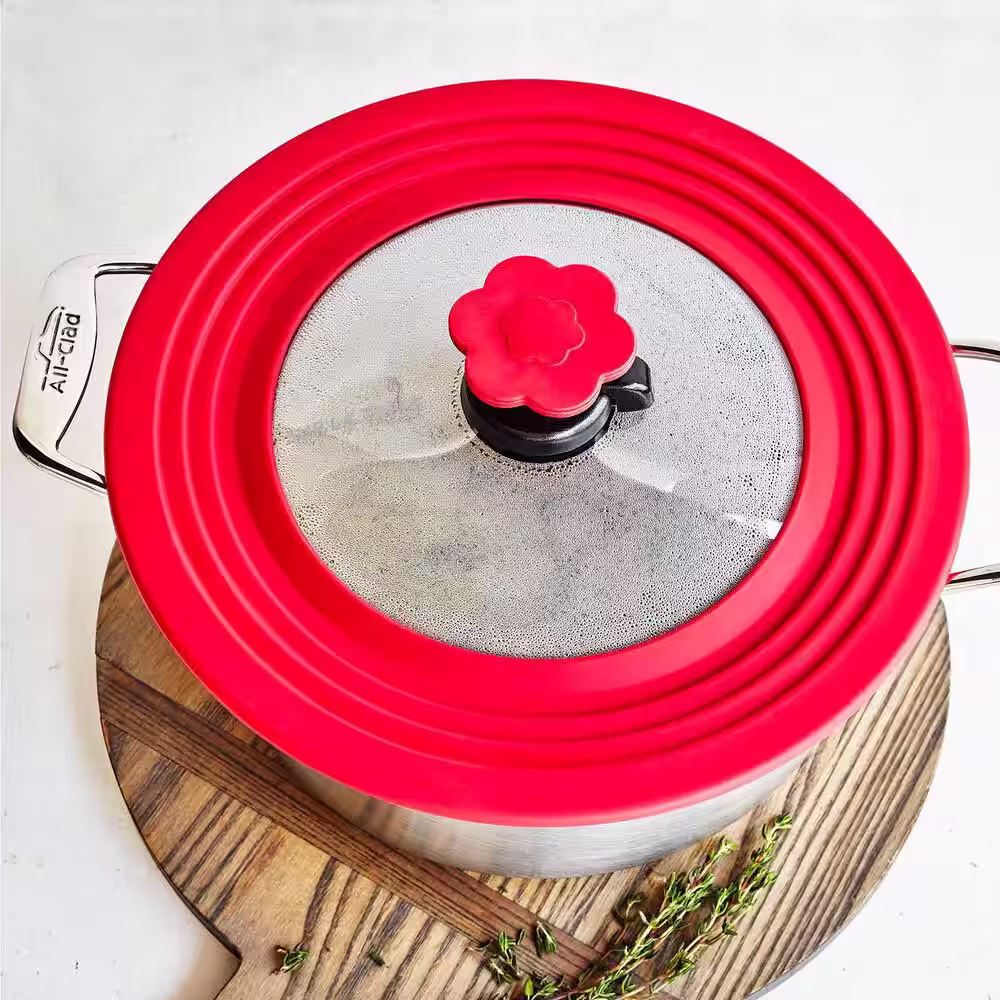 None 11 in. Universal Pot Smart Lid Cooking Cover - Tempered Glass and Silicone Lid in Red