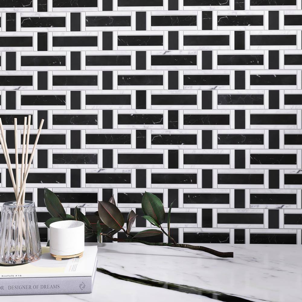 MOLOVO Nero Marquina Black and White 12.01 in. x 12.01 in. Geometric Polished Marble Mosaic Tile (10.1 sq. ft./Case)