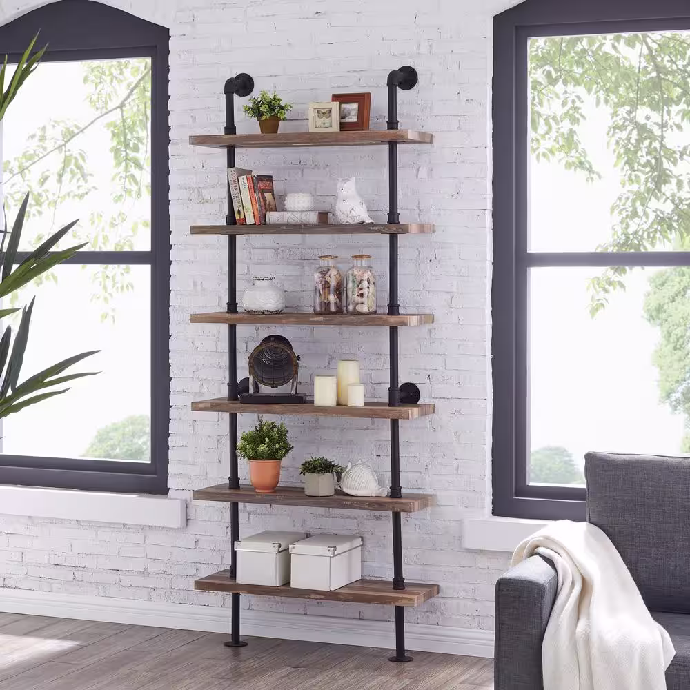 DANYA B 10 in. x 32 in. x 78 6 Tier Brown Distressed Wood Finish Decorative Wall Shelf