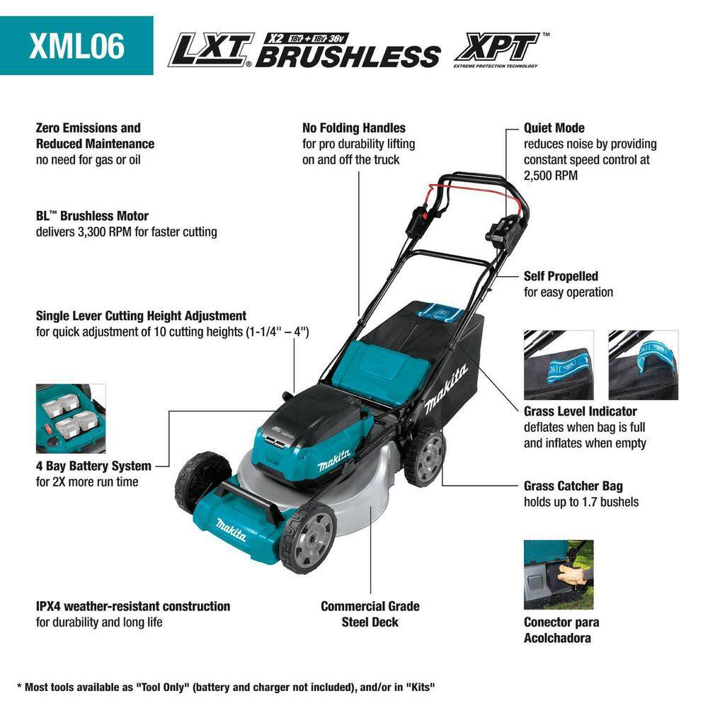 Makita 18 in. 18V X2 (36V) LXT Walk Behind Self Propelled Lawn Mower Kit w/4 Batteries(5.0 Ah) w/bonus 18V X2 (36V) LXT Blower