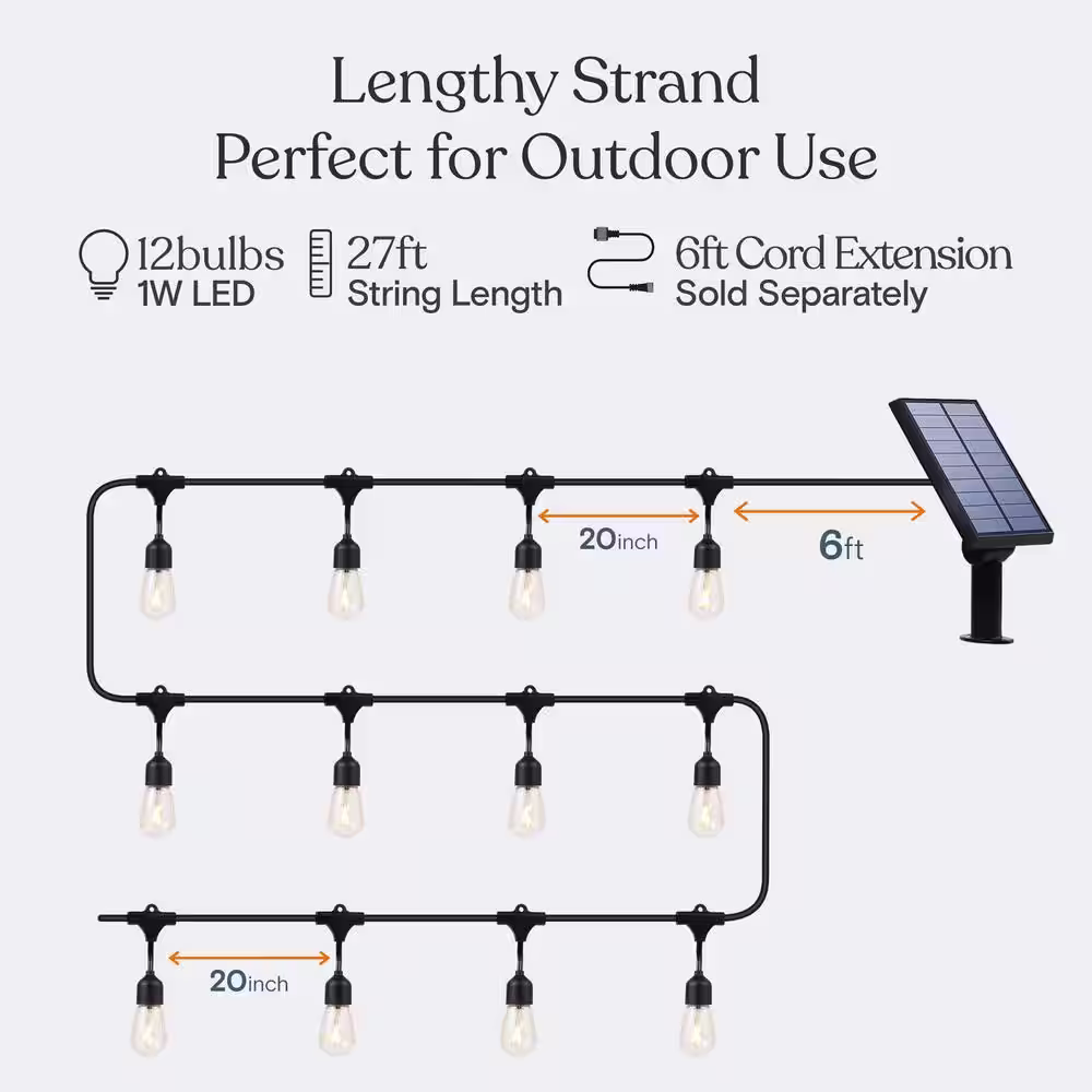 Brightech Ambience Pro 12-Light 27 ft. Outdoor Solar 1W 3000k LED S14 Hanging Remote Control Edison Bulb String-Light