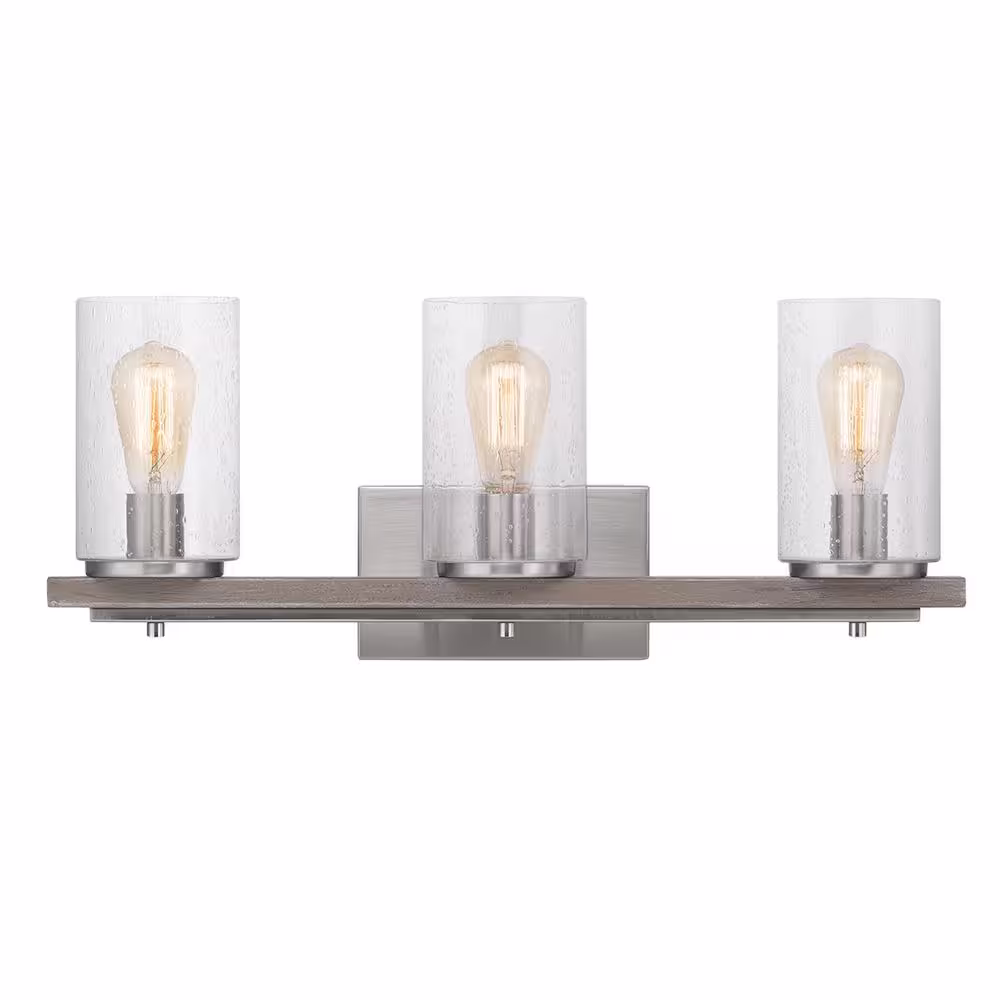Hampton Bay Boswell Quarter 8 in. 3-Light Brushed Nickel Vanity Light with Weathered Wood Accents