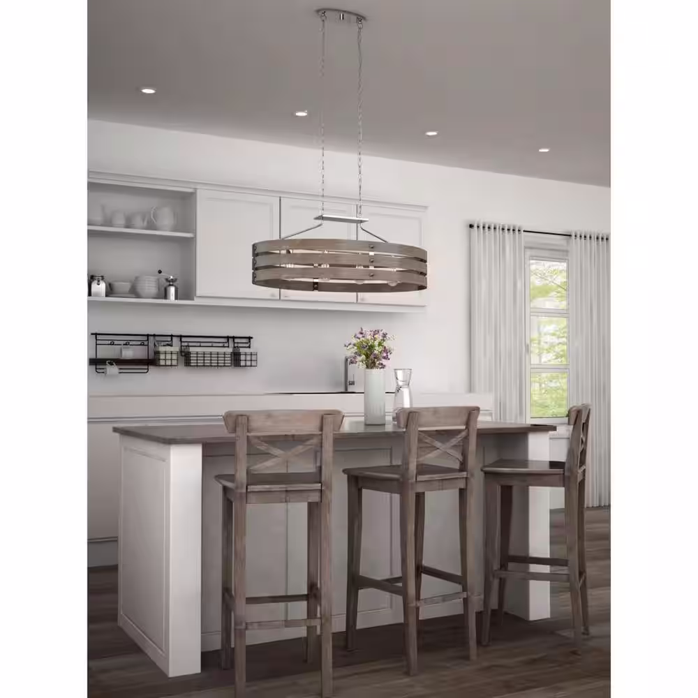 Progress Lighting Gulliver 38.5 in. 4-Light Brushed Nickel Farmhouse Linear Island Chandelier with Weathered Gray Wood Accents