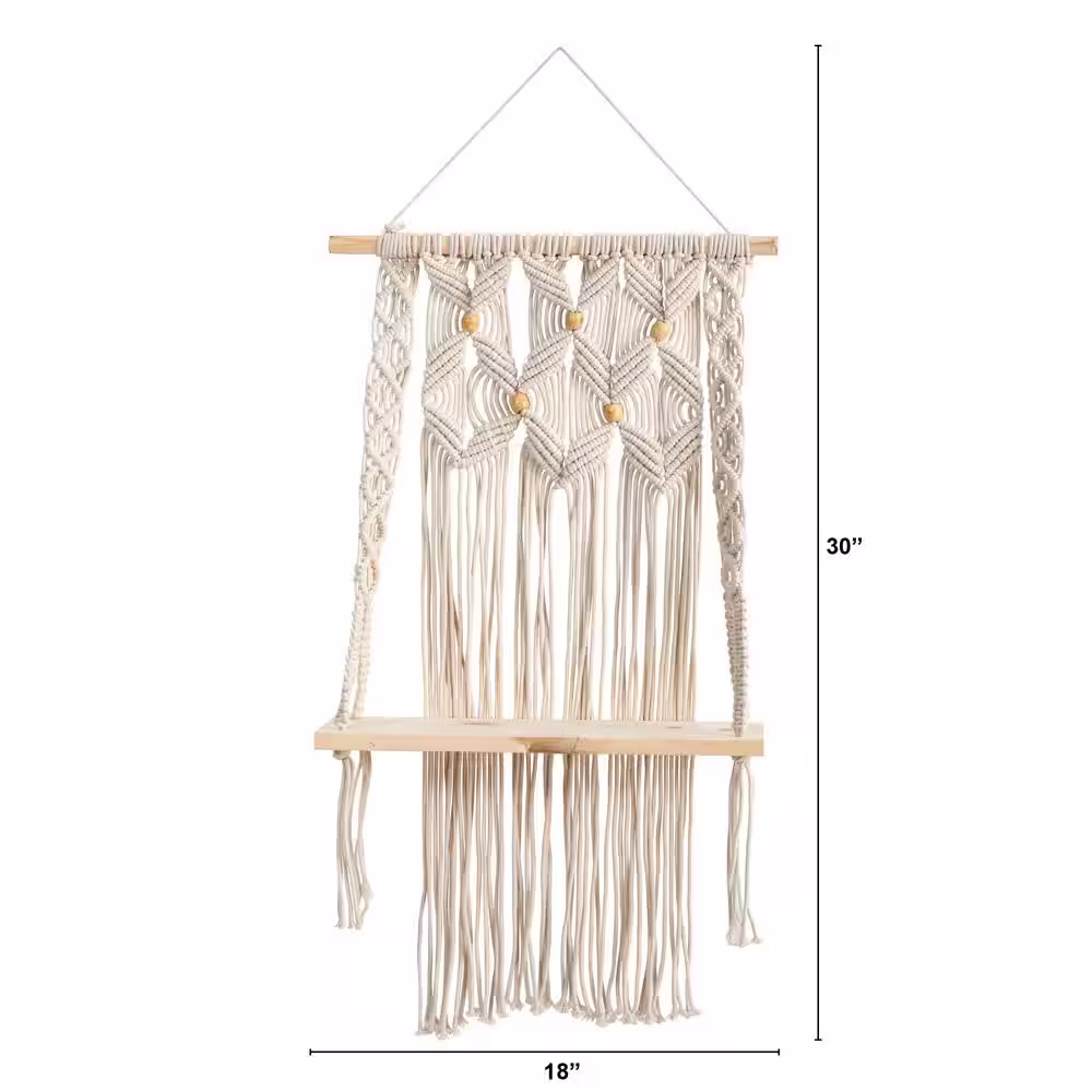 Nearly Natural 5 in. x 30 in. x 18 in. Cream Handmade Macrame and Wood Boho Wall Hanging with Shelf