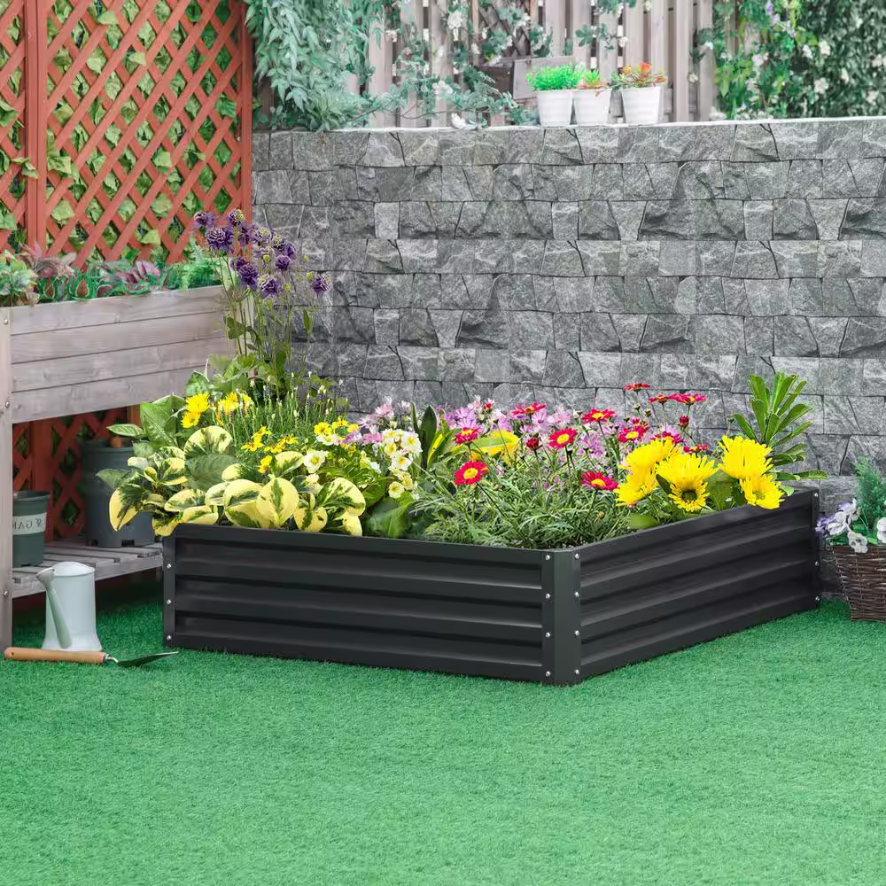 Outsunny 4 ft. x 4 ft. x 1 ft. Grey Steel Raised Garden Bed Box with Weatherized Steel Frame