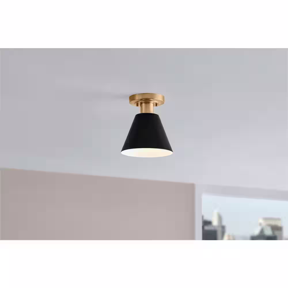 Hampton Bay Finley 8 in. 1-Light Black and Brass Semi-Flush Mount Ceiling Light Fixture with Metal Shade