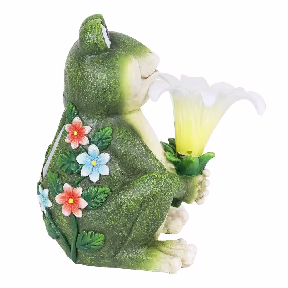 Exhart 8 in. Tall Solar Frog with LED Flower Garden Statue