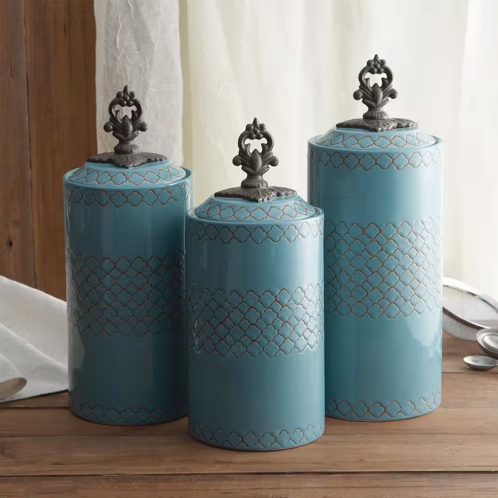 American Atelier 3-Piece Blue Ceramic Canister Set with Lid
