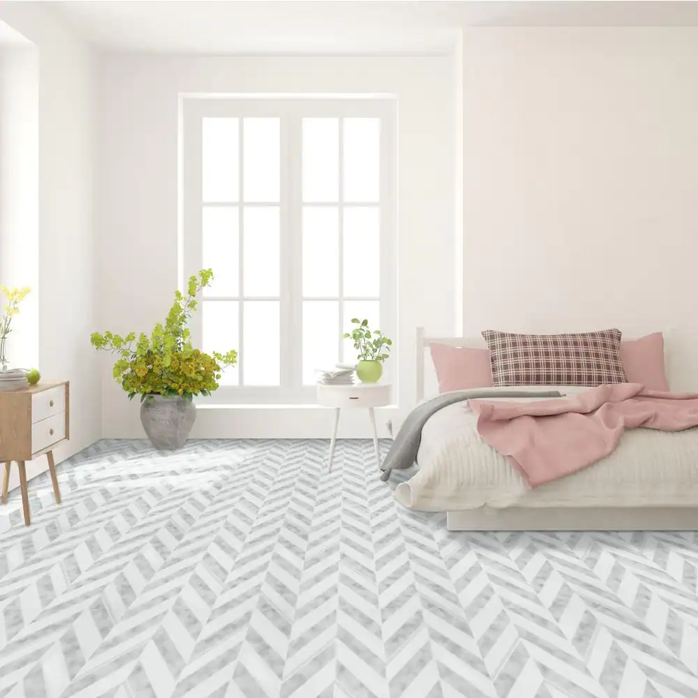 ACHIM Retro 12 in. W x 12 in. L Chevron Silver Water Resistant Peel and Stick Vinyl Tile Flooring (20 sq. ft./case)