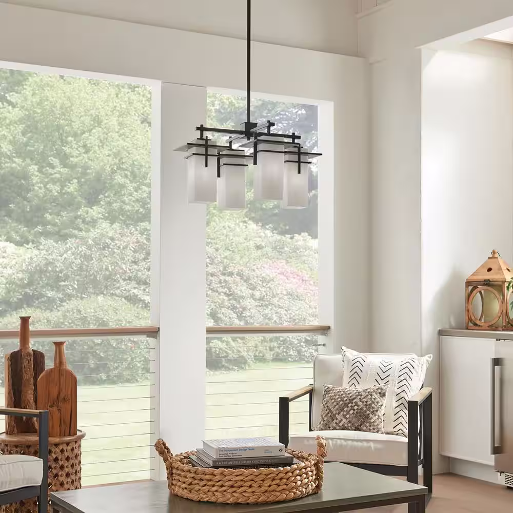 KICHLER Caterham 4-Light Olde Bronze Outdoor Porch Hanging Chandelier with Satin Etched Glass Shades (1-Pack)