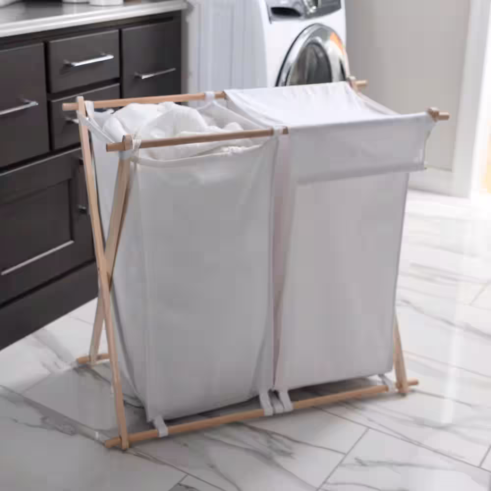 HOUSEHOLD ESSENTIALS X-Frame Wood Laundry Sorter Collapsible Wood Frame with Washable Poly-Cotton Bags