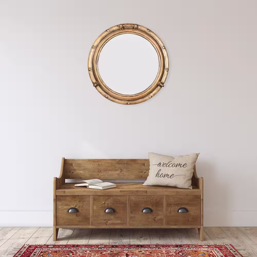 Storied Home 22 in. x 22 in. Coastal Round Distressed Framed Metal Porthole Decorative Mirror