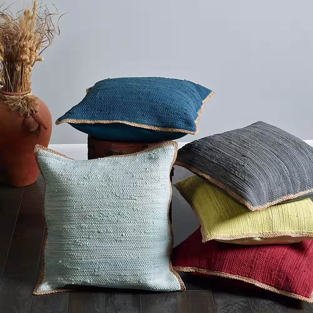 LR Home Solitaire Navy Blue Woven Jute Border Cozy Poly-fill 20 in. x 20 in. Throw Pillow
