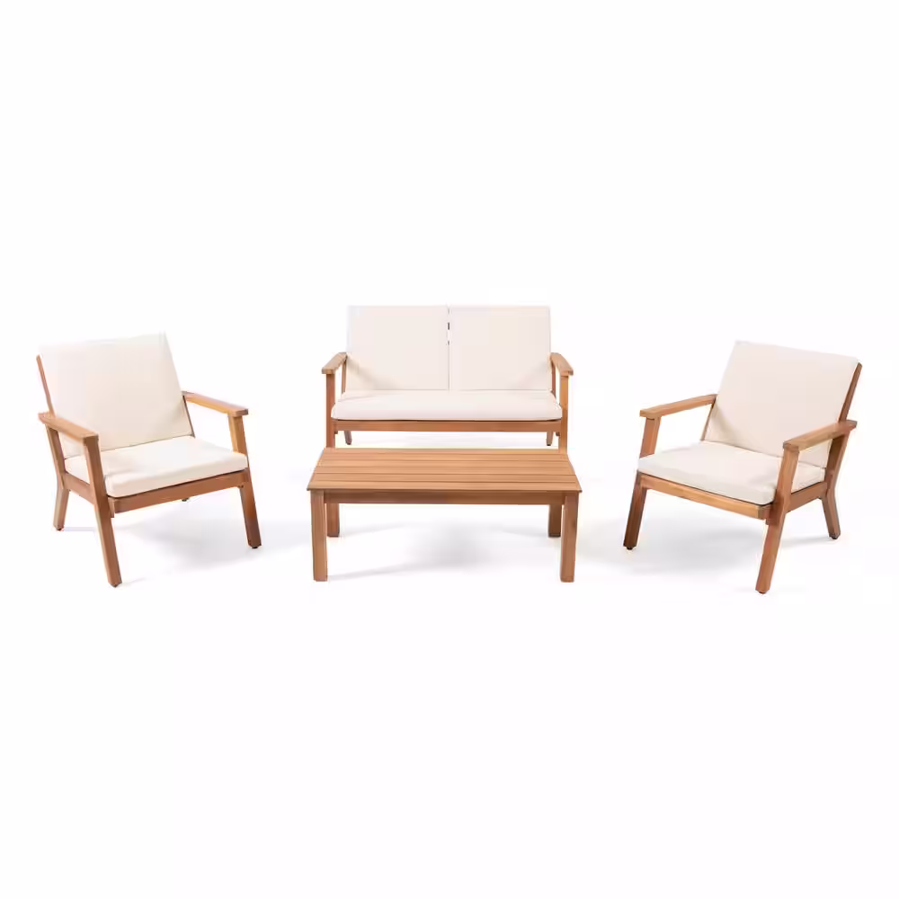 Noble House Temecula Brown Patina 4-Piece Wood Patio Conversation Set with Cream Cushions