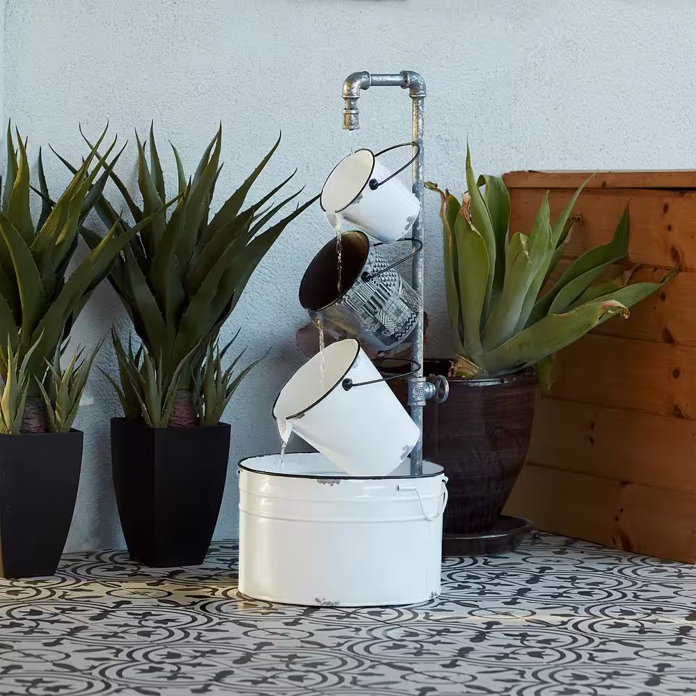 Alpine Corporation 33 in. Tall Rustic Metal Pails Fountain Yard Decoration, White