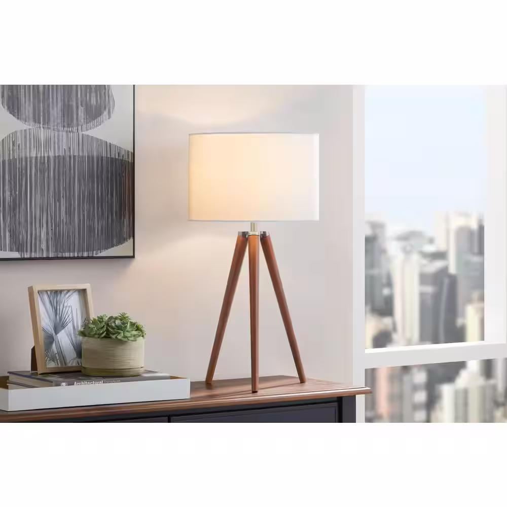 Hampton Bay Drakewood 26 in. Walnut Wood Tripod Table Lamp