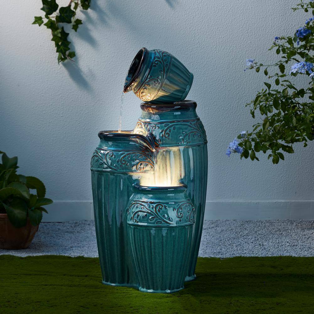 Glitzhome 27.25 in. H 4-Tier Turquoise Embossed Pattern Outdoor Ceramic Pots Fountain with Pump and LED Light