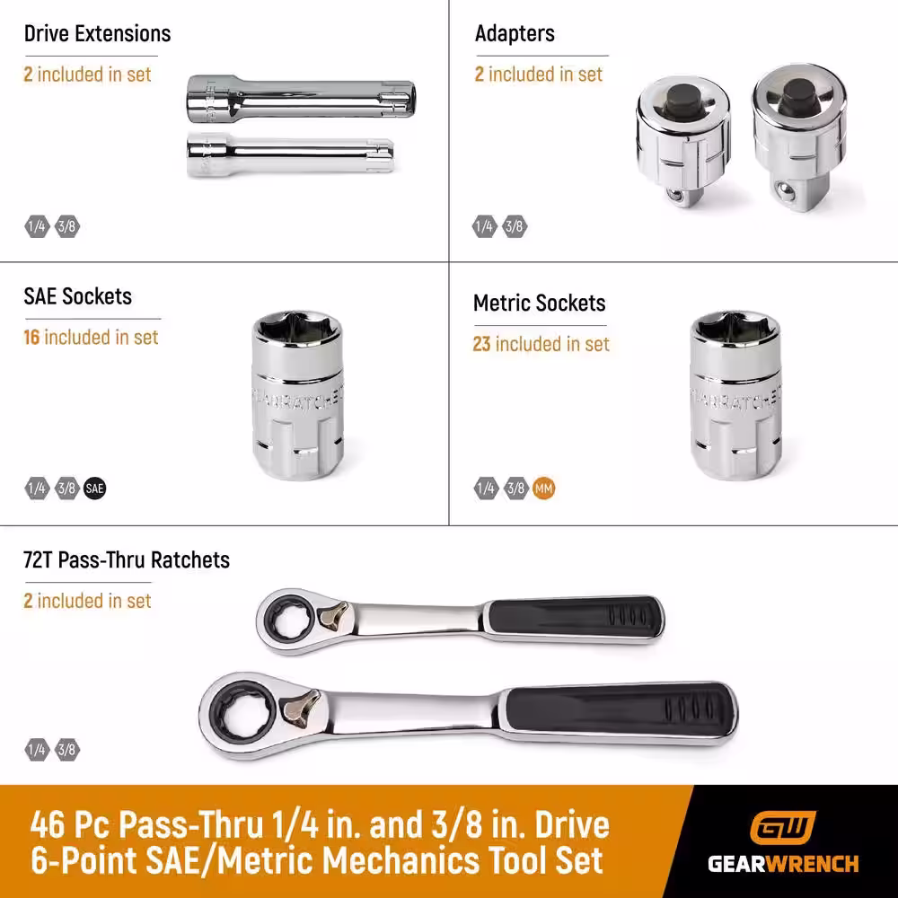 GEARWRENCH Pass-Thru 1/4 in. and 3/8 in. Drive 6-Point SAE/Metric Mechanics Tool Set (46-Piece)
