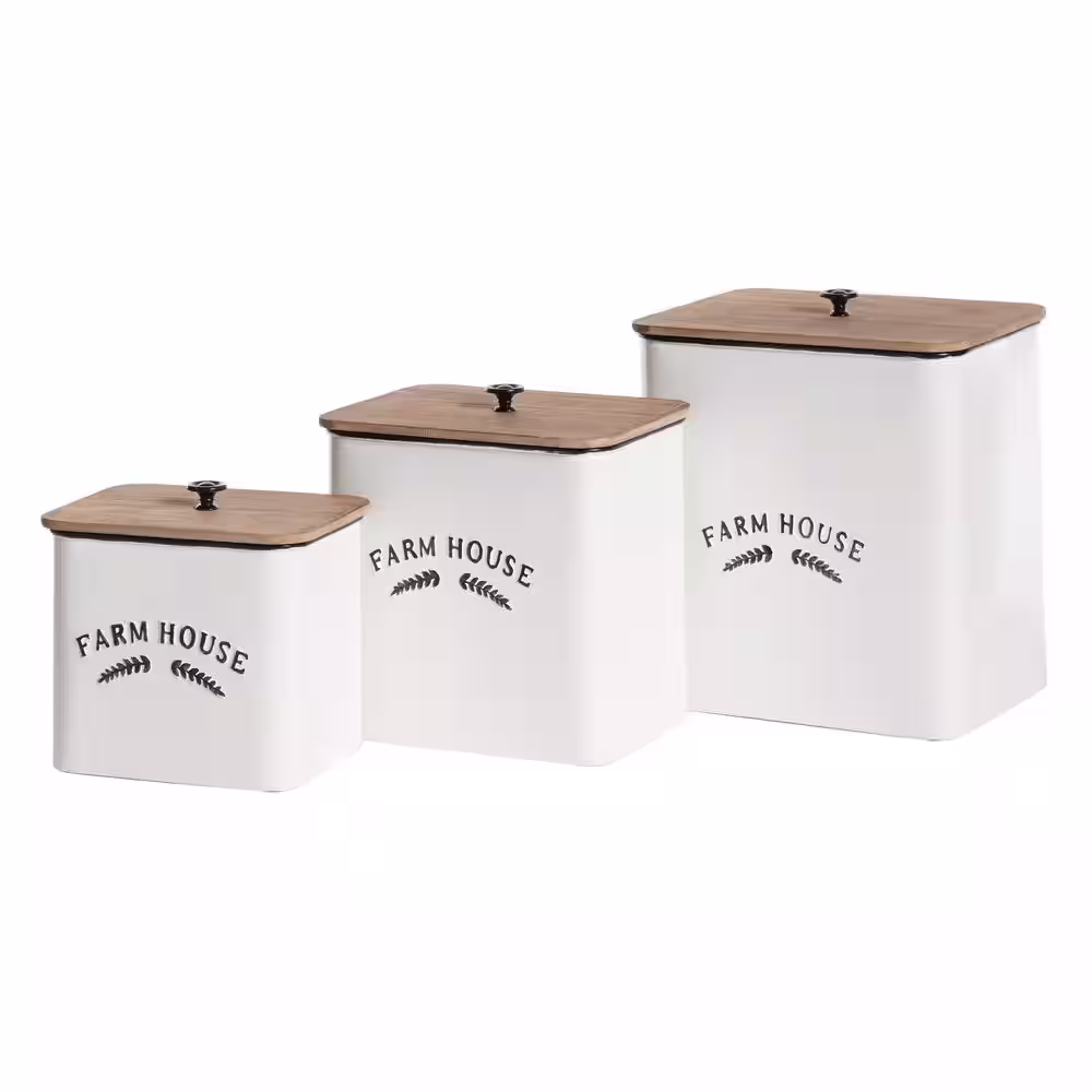 Litton Lane White Farm House Decorative Canisters with Wood Lids (Set of 3)