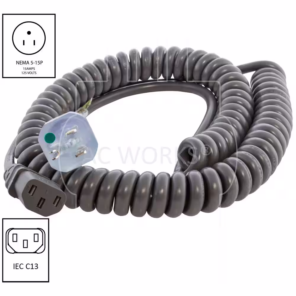 AC WORKS Up to 10 ft. 10 Amp 18/3 Coiled Medical Grade Power Cord with C13 Connector
