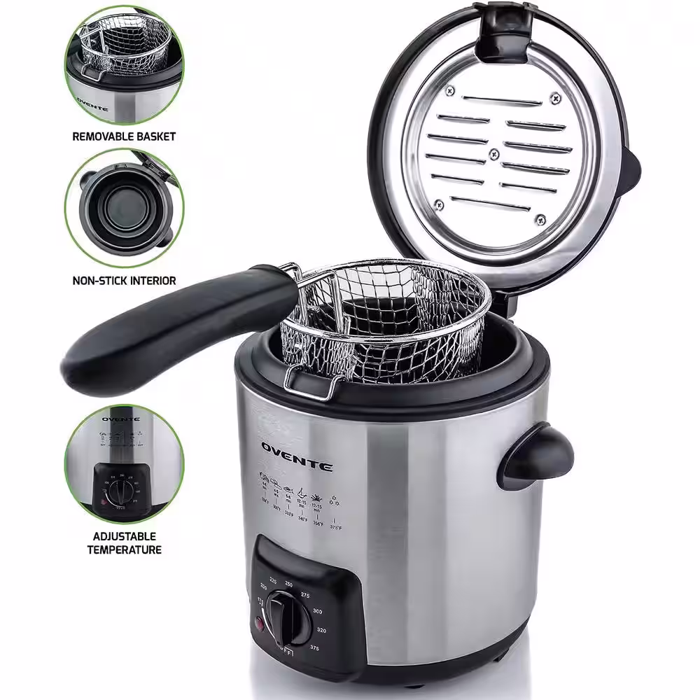 OVENTE 0.95 Qt Silver Mini Electric Deep Fryer with Removable Frying Basket